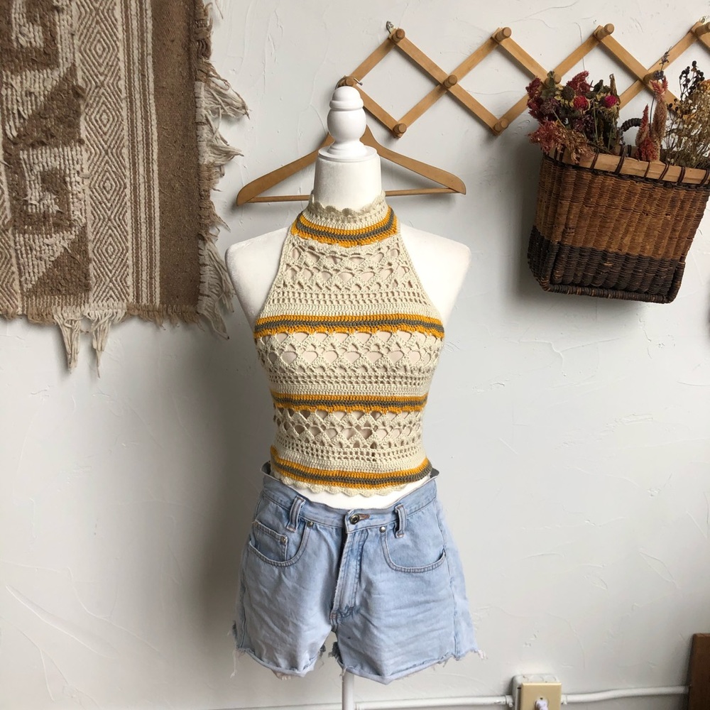 🌻Crocheted Haltertop with Lace-up Back